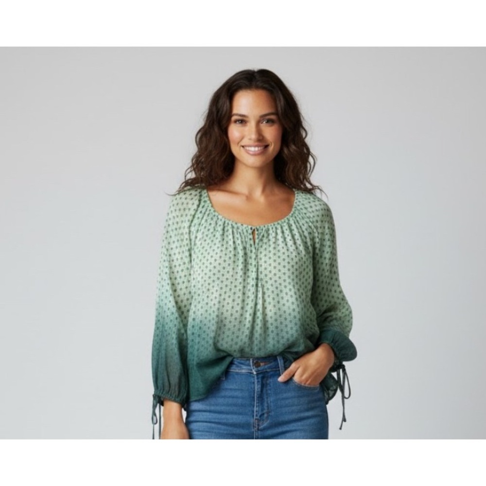 Princess Vera Wang Ombre Gauze Boho Peasant Blouse Long Sleeve Tie Cuff Women Lg